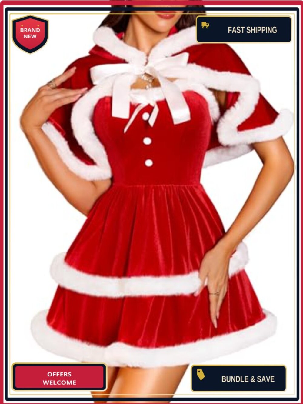 Sexy Christmas Dress with Cape 2Pc Velvet Santa Costume Babydoll